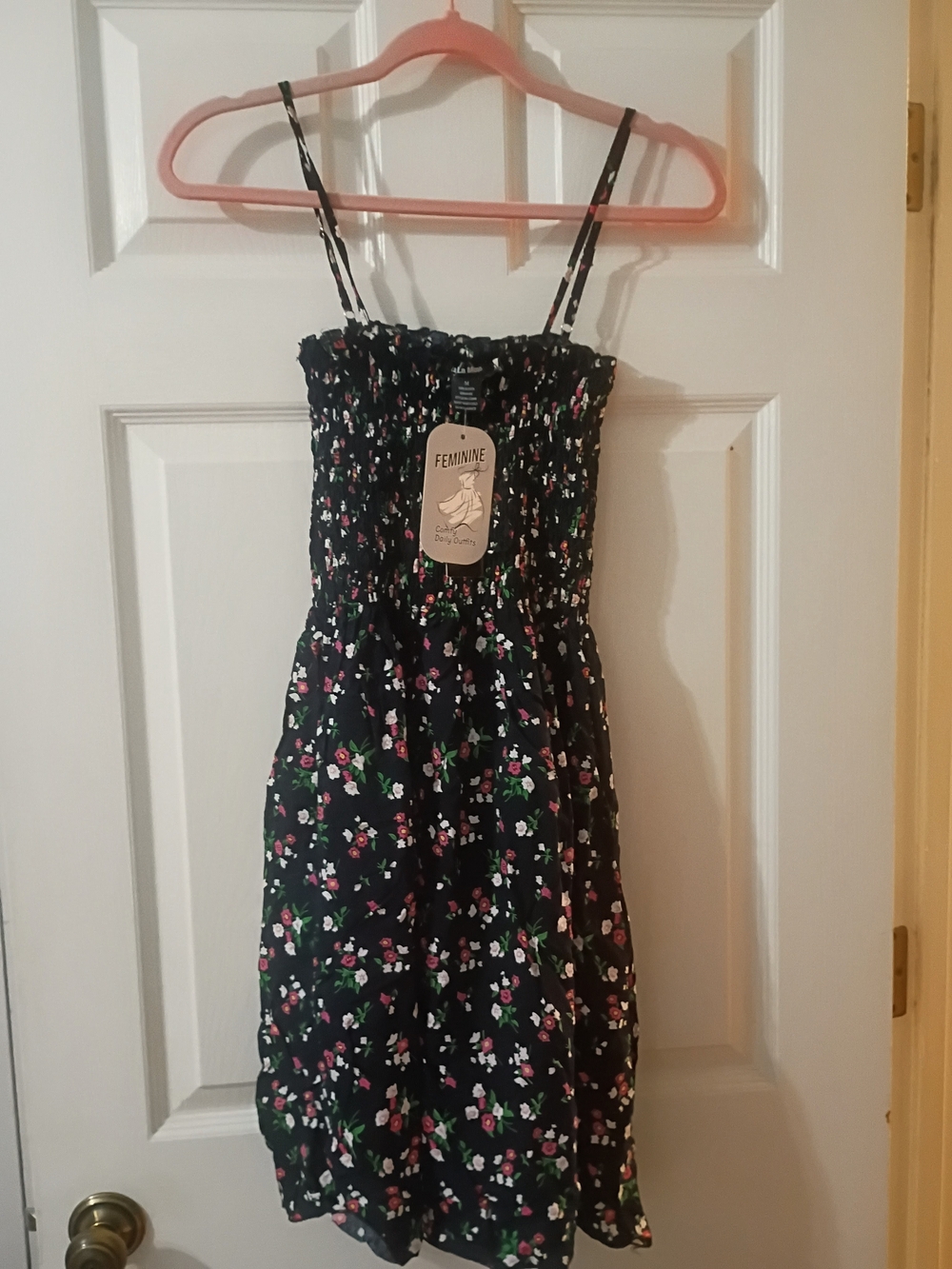 Feminine Black Floral Smocked Mini Dress